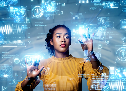 Woman with AI graphics background